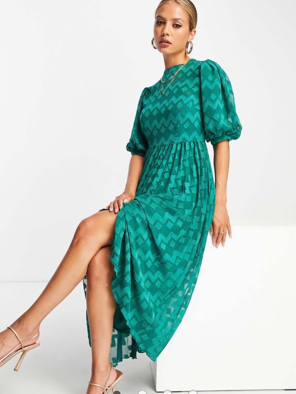 Size 10  ASOS DESIGN high neck pleated chevron dobby midi dress - Picture 6 of 13